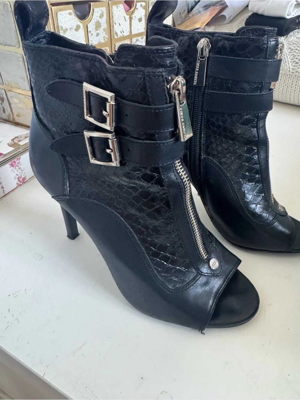 Vince Camuto Kammie Black Peep-Toe Ankle Booties with Front Zipper & Buckles